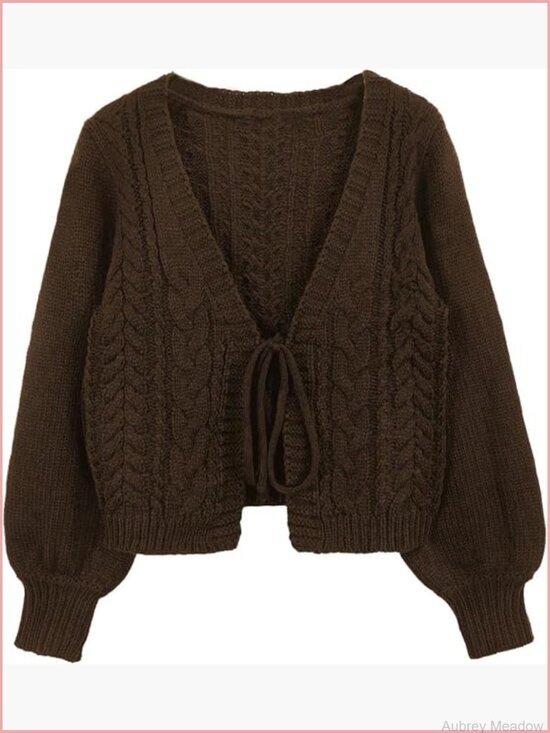 Sweaters - V Neck Cable Knit Cropped Cardigan Sweaters Cute Bow Tops